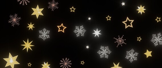 Elegant winter design with gold stars and snowflakes on a black background. Perfect for holiday cards, websites, and more.