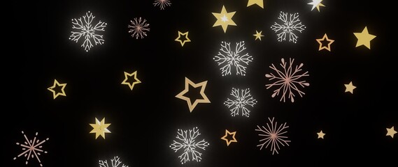 Festive background with gold stars and snowflakes. Perfect for winter holidays, Christmas, New Year's.