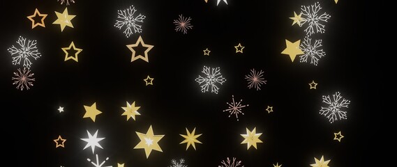 Beautiful Christmas or New Year background with gold stars and snowflakes on a black backdrop. Perfect for holiday cards, invitations, and more