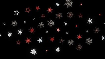 Festive background with red and white stars and snowflakes on a black background. Perfect for Christmas, winter, or holiday designs.