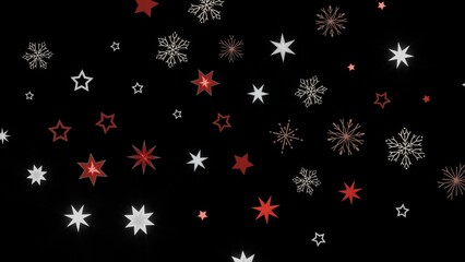 Festive holiday background with red and white stars and snowflakes on a black background. Perfect for Christmas cards, websites, or social medi