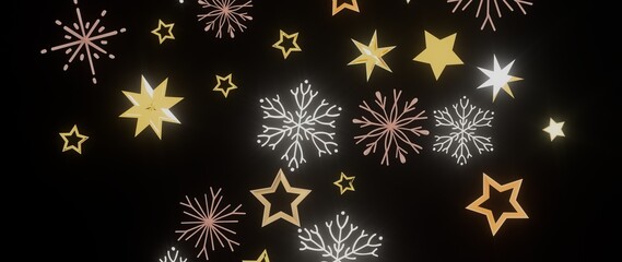 Beautiful winter holiday background with gold stars and snowflakes on black. Perfect for Christmas, New Year, and winter themes.
