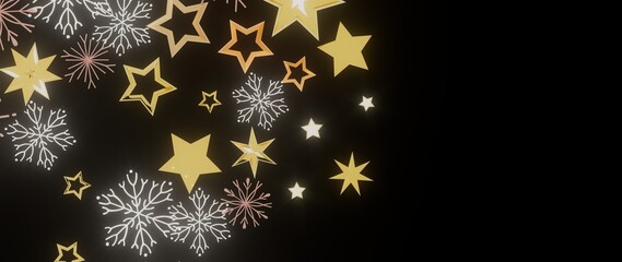 Festive winter background with golden stars and snowflakes on a black background. Perfect for holiday cards, invitations, and more.