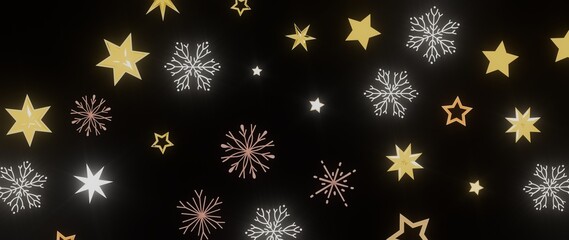 Beautiful festive background with gold stars and snowflakes on a dark background. Perfect for Christmas, New Year, and winter holidays.