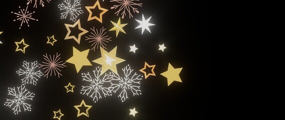 Beautiful holiday background with gold stars and snowflakes on black. Perfect for Christmas, New Year, winter designs.