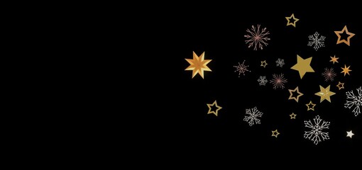  Festive background with golden stars and snowflakes on a black background. Perfect for holidays.