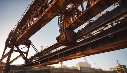 Massive Rusted Metal Industrial Crane Structure Against a Clear Sky