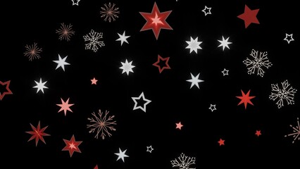 Festive winter background with red and white stars and snowflakes on a black background. Perfect for Christmas or winter holidays.