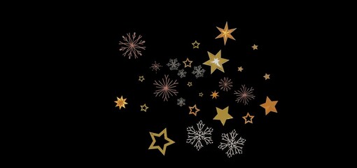 Beautiful image of gold stars and snowflakes on a black background. Perfect for Christmas, New Year, or winter holidays.