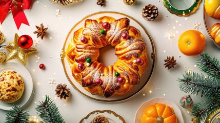 A traditional Roscon de Reyes adorned with candied fruit, on a rustic wooden table top view, festive atmosphere.