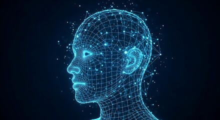 Obraz premium Futuristic digital human head with circuits and data flow representing artificial intelligence and technology