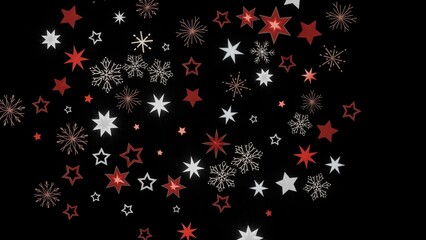 Festive background with red and white stars and snowflakes on a black background. Perfect for Christmas or winter designs.