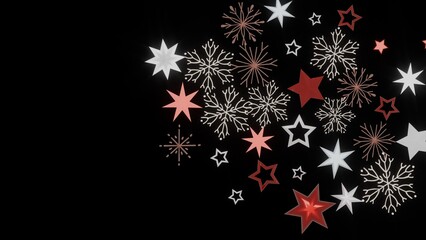 Festive background with red and white stars and snowflakes on a black background. Perfect for Christmas, winter, or holiday designs.
