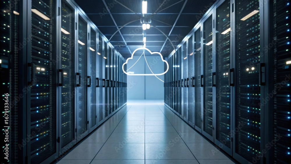 Poster a modern data center corridor lined with server racks, featuring a cloud symbol, representing cloud 