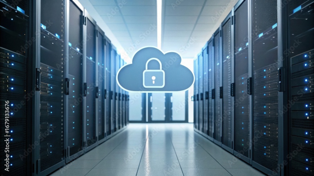 Poster a modern data center with servers and a cloud security icon, emphasizing secure data storage and man