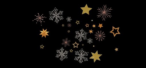 Elegant winter holiday background with gold stars, snowflakes, and sparkly elements. Perfect for cards, websites, and more!