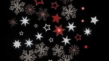 Festive background with red and white stars and snowflakes on black. Perfect for Christmas, winter, or holiday designs.