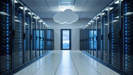 A modern server room featuring rows of servers, illuminated by blue lights, with a cloud icon above a doorway leading to an outdoor view.
