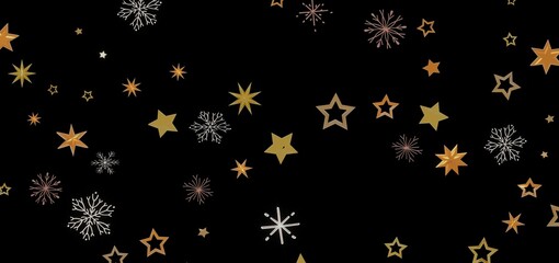 Perfect for holiday designs, this image features gold stars and snowflakes on a black background. Ideal for cards, websites, and more.