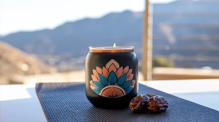 Stylized candle and dates for interior shot, perfect for magazine feature, product showcase, or lifestyle blog