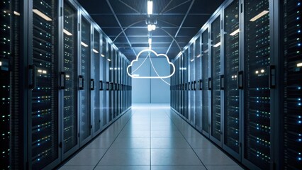 A modern data center corridor lined with server racks, featuring a cloud symbol, representing cloud computing and digital storage technology.