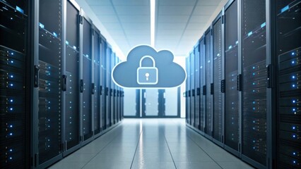 A modern data center with servers and a cloud security icon, emphasizing secure data storage and management in a digital environment.