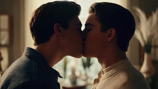 Two young gays kissing each other at home. Intimate scene. Deep emotional connection, love between 2 men students. Private serene environment, guys express affection freely. Romantic interaction