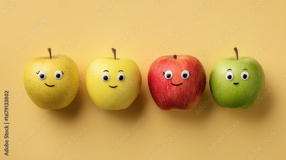 Poster four whimsical apples with expressive features, unique artistic concept ideal for creative projects 