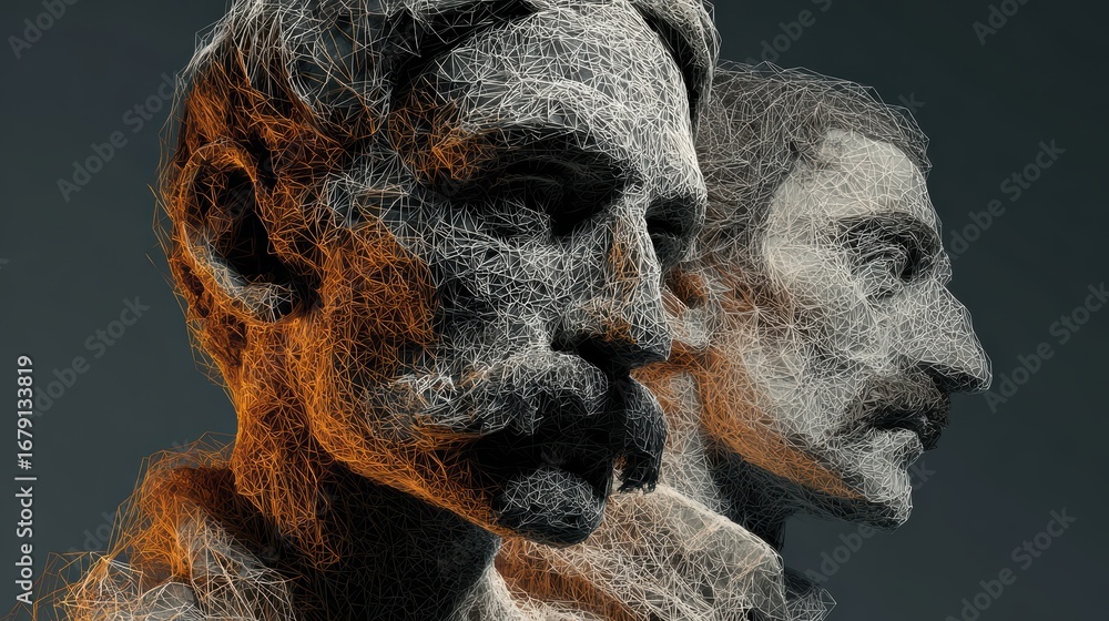 Poster two distinctively colored statues of men created with generative ai ideal for highend branding, insp