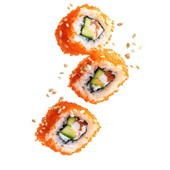 Delicious sushi rolls falling sesame seeds scattered around