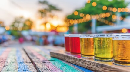 Colorful craft beers served on a wooden board at sunset beer festival