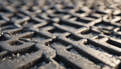 Macro View of Wet Tire Tread with Water Droplets and Bokeh