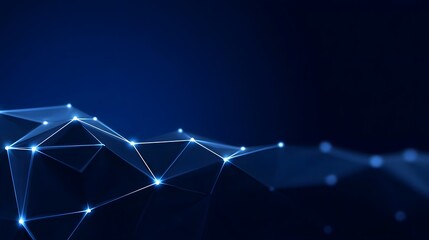 Futuristic low-poly digital network background with glowing lines, triangles, and shapes in a dark, contrasting blue and black palette.