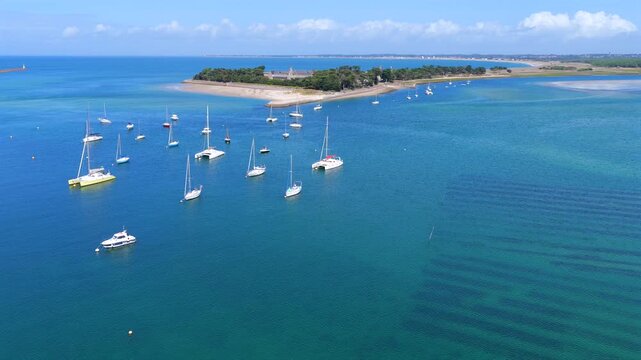 Aerial view of the french village of Le Croisic in Guerande France with sailboats parked in the bay 