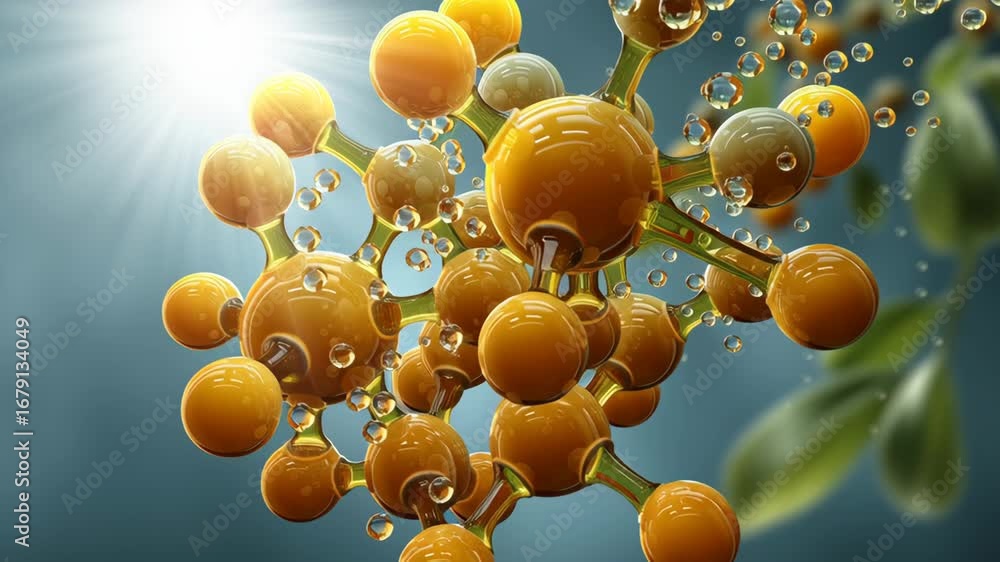 Poster vibrant molecular structure of yellow bubbles and spheres illuminated by sunlight, creating dynamic 