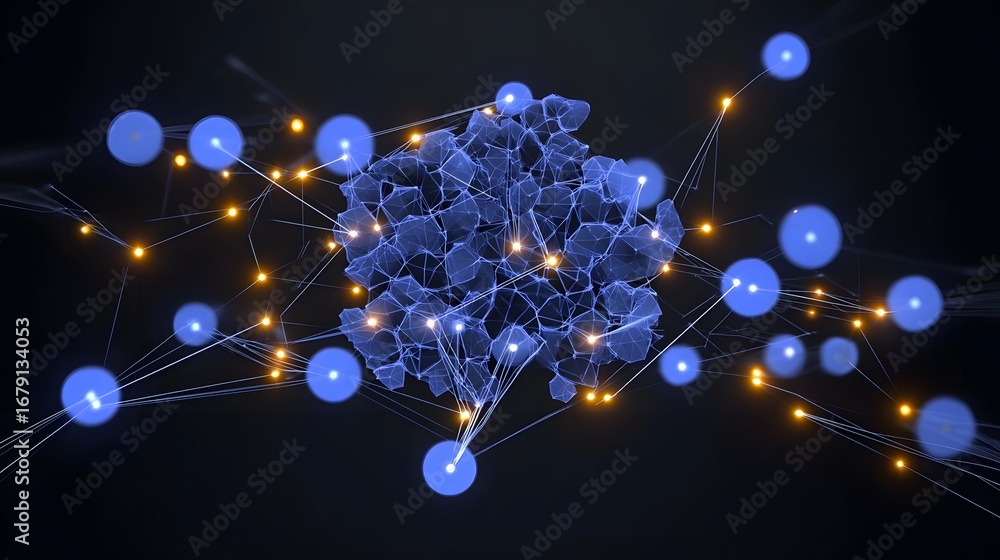Aufkleber a complex, futuristic of an intricate neural network with interconnected, glowing blue and orange no