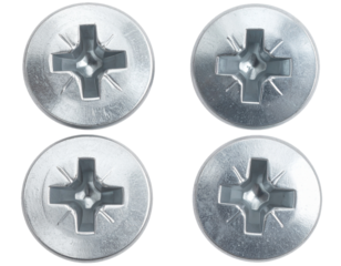 Close-Up of Four Phillips Head Screws Isolated on White Background