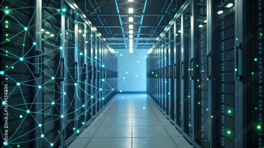 Poster a modern data center corridor showcasing server racks and interconnected network nodes, emphasizing 
