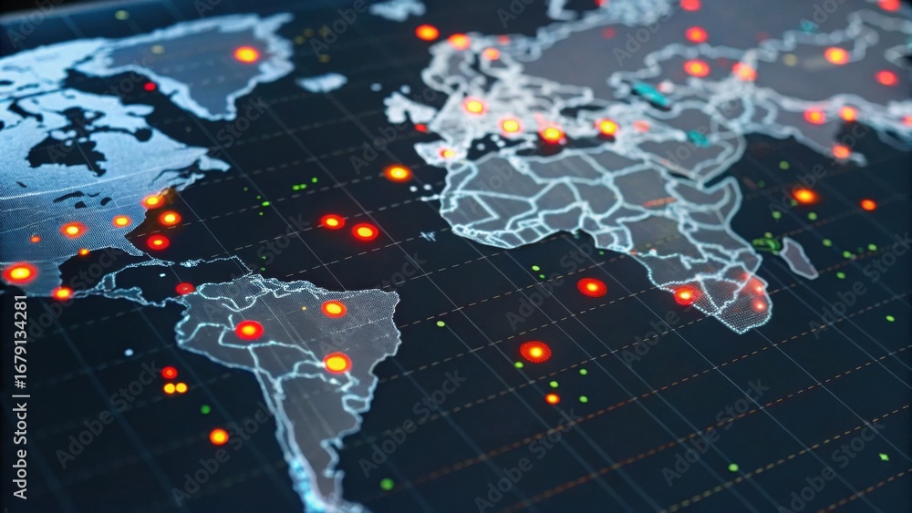 Aufkleber a detailed map of the world with highlighted data points, showcasing various locations using vibrant