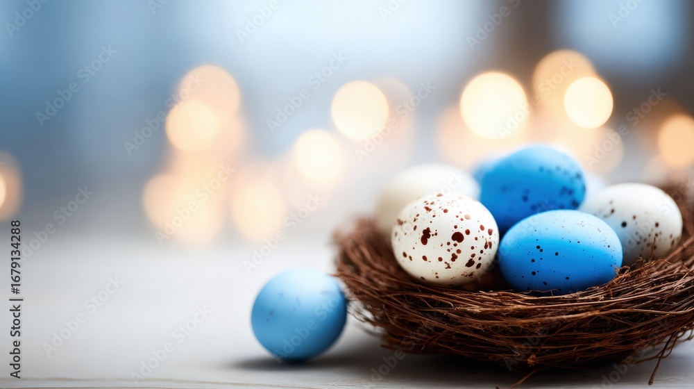 Aufkleber colorful eggs in a rustic nest with soft bokeh background during spring