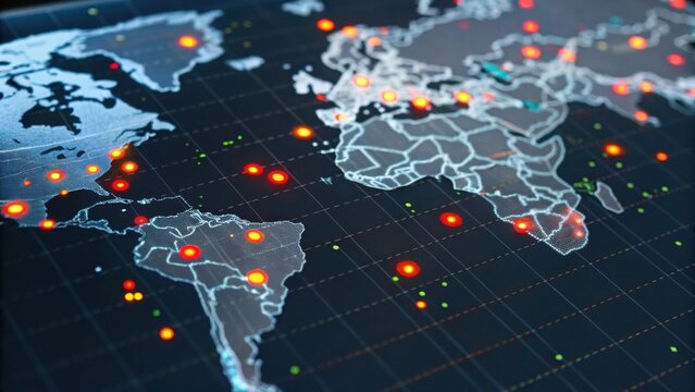 A detailed map of the world with highlighted data points, showcasing various locations using vibrant markers against a dark background.