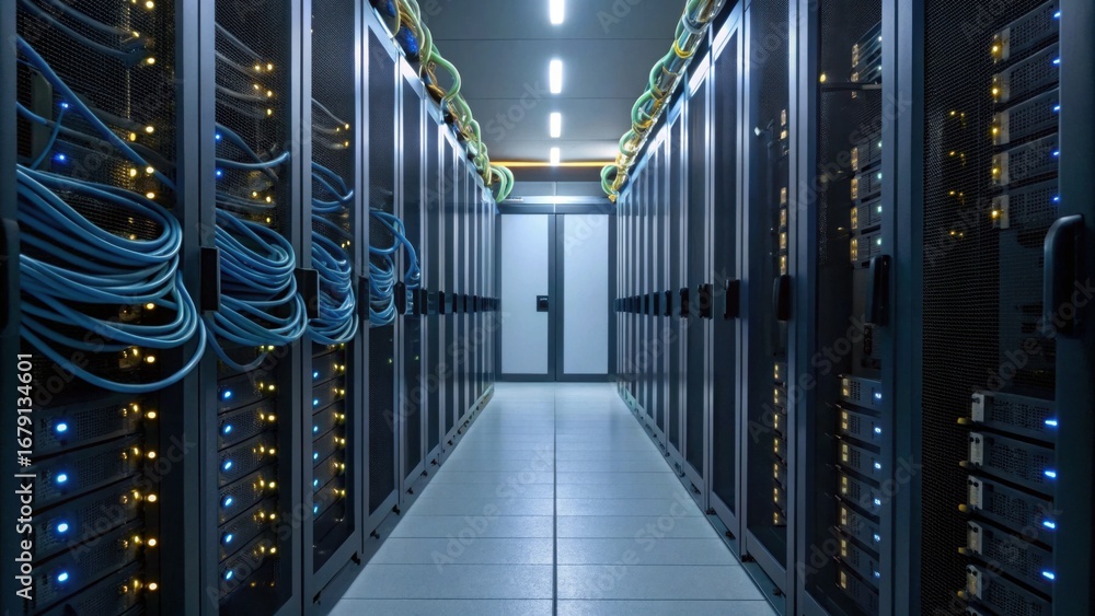 Poster a modern data center hallway lined with server racks and illuminated by overhead lights, showcasing 
