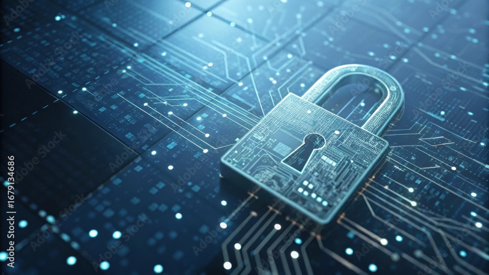 Poster a digital padlock sits on a matrix of circuits, symbolizing cybersecurity and data protection in a m