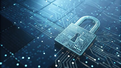 A digital padlock sits on a matrix of circuits, symbolizing cybersecurity and data protection in a modern tech environment.