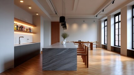 Fototapeta premium A spacious and well-lit kitchen and dining area with a sleek, contemporary design featuring neutral colors, natural materials, and clean, uncluttered lines.