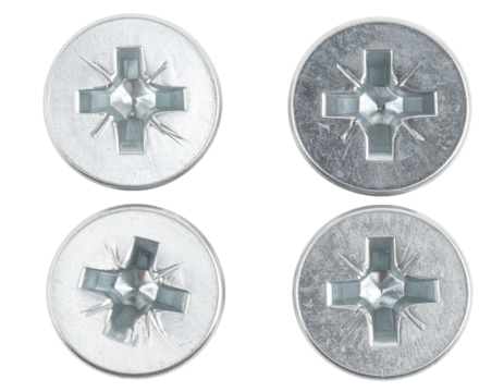 Close-Up of Four Phillips Head Screws Isolated on White Background