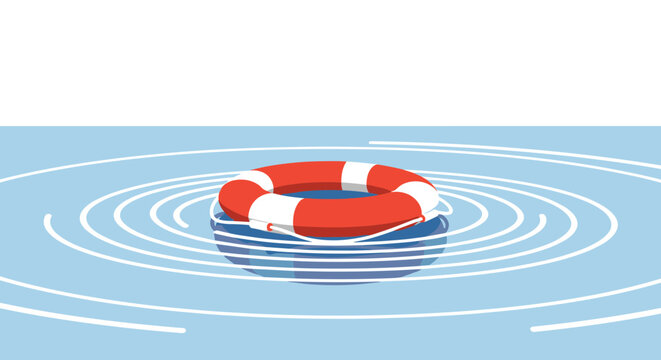 Red and white life buoy floating on water ripples offering safety and rescue assistance to those in distress
