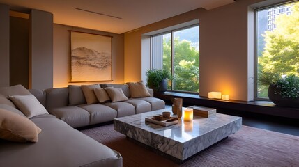 Fototapeta premium Beautifully designed, minimalist living room with neutral color palette, comfortable furniture, and natural light streaming through large