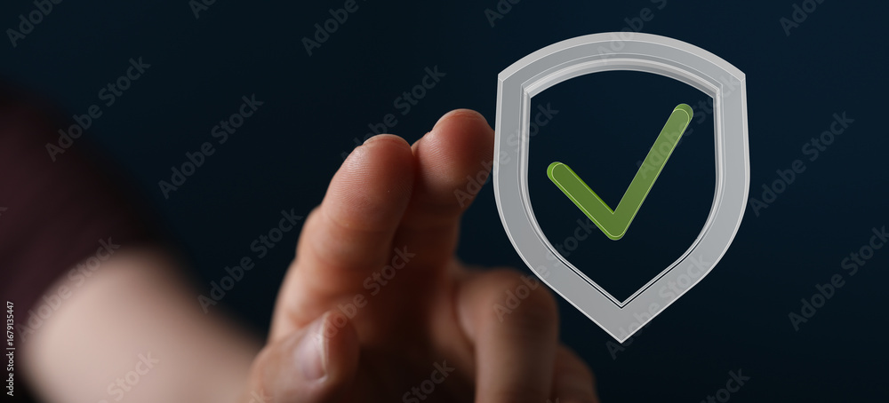 Aufkleber image of a finger interacting with a digital shield icon, representing data security and verificatio