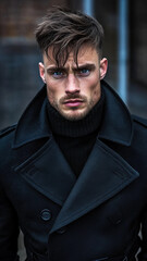 Fototapeta premium Man with piercing blue eyes in a structured black trench coat, exuding power and mystery